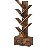 Gewudraw 7 Tier Tree Bookshelf with Drawer, Tree Bookcase, Floor Standing Tall Wood Bookshelves for Bedroom, Living Room, Home Office, Rustic Brown