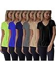 Women's Everyday Flowy Slub Burnout Active Casual Workout V Neck T Shirt Tops- 6 Pack (6 PK-Black/Khaki/Grey/Royal/Navy/Lettuce, Small)