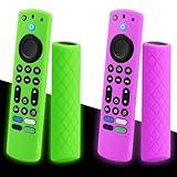 2 Pcs Glowing Remote Cover Compatible with Lenovo FireTV Stick 4K Max Remote Controller 2023, Silicone Protective Case with Lanyard, Glowing Green + Glow Purple