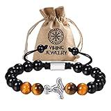 VNOX Viking Bracelet Gifts for Men - Handmade Bead Viking Bracelet for Men, Mjolnir Amulet with Natural Agate and Tiger Eye Stones for Protection and Anxiety Relief，Pagan Nordic Celtic Jewelry