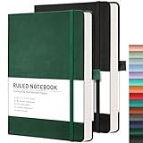 RETTACY Journaling Notebooks, 2-Pack, A5 Lined Journal Notebook with 192 Numbered Pages per Pack, Journals for Writing, 100 GSM Paper, Leather Hardcover, Inner Pocket, 5.7" × 8.3" (Black & Dark Green)