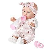 Enjoyin 12'' Baby Doll in Gift Box with Pink Cloths, Pacifier, 13''x13'' Microfabric Blanket, and Feeding Bottle. Gift Idea for Ages 3+