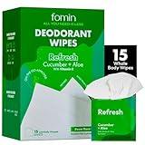 FOMIN Travel Deodorant Wipes - 15 Count - Refreshing Cucumber and Aloe - pH Balanced, Hypoallergenic Mini Deodorant Wipes For Women and Men - Plastic-Free, Individually Wrapped Underarm & Body Wipes