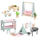 Giant bean 20 PCS Wooden Plastic Dollhouse Furniture Set, Patio and Babyroom Set, Pink Dollhouse Accessories Pretend Play Furniture Toys for Boys Girls & Toddlers