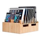 MobileVision Bamboo 10-Port Charging Station & Docking Organizer for Smartphones & Tablets, Family-Sized, for use in Corporate Offices & Classrooms