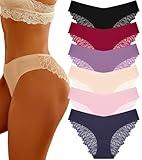 FINETOO 6 Pack Sexy Underwear for Women Silky Seamless No Show Panties Ladies Lace Bikini Lightweight Cheeky Hipster(M)