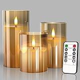 Glass Battery Operated LED Flameless Candles with Remote and Timer, Real Wax Candles Warm Color Flickering Light for Festival Wedding Home Party Decor(Pack of 3)-Gold