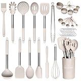 Kitchen Utensils Set Silicone Cooking Utensils Set for Nonstick Cookware Non Toxic Cooking Utensils Kitchen Essentials Utensilios de Cocina Cucharas de Silicona Para Cocina (Khaki)