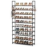 VTRIN 10 Tiers Shoe Rack Tall Large Capacity 50 Pairs Wide Shoe Organizer Sturdy Shoe Shelf for Entryway with Two Hooks Metal Shoe Storage for Closet, Bedroom, Black