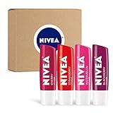 NIVEA Lip Care, Fruity Tinted Lip Balm Variety Pack, Includes Cherry, Strawberry, Blackberry and Watermelon Scents, 0.17 Oz, Pack of 4