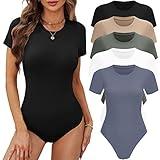 BALENNZ Women's 4/5 Pack Short Sleeve Round Neck Bodysuit Tops Crew Neck Basic Casual Tshirt Bodysuits X-Large