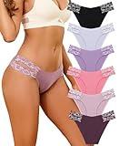 FINETOO Seamless Underwear for Women Cheeky Bikini Panties High Cut V-waist Lace Underwear Women Cute Bikinis 6 Pack