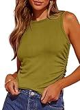 Dokotoo Sleeveless Tops for Women Casual Summer 2024 Fashion Ribbed Side Ruched Racerback Tank Tops Casual High Neck Slim Fitted Basic Knit Jungle Green Shirts Medium