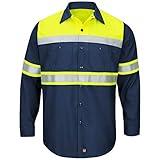 Red Kap Men's Hi-Visibility Long Sleeve Color Block Ripstop Work Shirt- Type O, Class 1, Fluorescent Yellow/Navy, 2X-Large