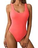 Limeeke Women One Piece Swimsuit Solid Ribbed Monokini Swimwear Scoop Neck Low Back Bathing Suit Coral Pink L