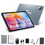 Tablet 10 inch 2024 Newest Android 14 Tablet with 128GB Rom+14GB Ram+2TB Expand, 4G Cellular Tablets with Dual Sim Slot, 2 in 1 Tablet with Case/Keyboard/Mouse, 5G Wifi, Octa-Core GPS 8000mAh (Grey)