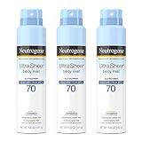 Neutrogena Sunscreen Spray, Ultra Sheer Body Mist, Broad Spectrum SPF 70, Non-Greasy Water Resistant Body Sunscreen Mist, Non-Comedogenic, 5 oz (Pack of 3)