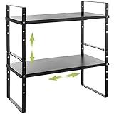 Across-Star Expandable Cabinet Shelf Organizer Rack, Stackable Kitchen Counter Storage Shelves Stand, Adjustable Height Pantry Shelf Spice Rack (Black, 2 Pack)