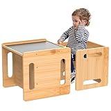 3-in-1 Montessori Weaning Table and Chair Set with Chalkboard for Toddlers, Kids Activity Table for Aged 1-4, Bamboo Montessori Furniture Table for Painting Learning