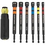 Klein Tools 32950 Ratcheting Impact Rated Hollow Power Nut Driver Set with Handle, Magnetic, Color Coded, 6 SAE Hex Sizes