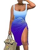 GOKATOSAU Women's Summer Sexy Sleeveless Side Split Bodycon Ruched Midi Tank Dress Blue-Purple Gradient