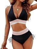 Blooming Jelly Womens High Waisted Bikini Tummy Control Swimsuits Two Piece Drawstring Bathing Suit (M, Black)