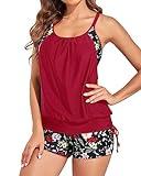 Holipick Red Flower Tankini Swimsuits for Women Two Piece Tummy Control Bathing Suits Blouson Tankini Top with Sporty Boy Shorts XL