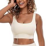 CRZ YOGA Butterluxe Womens U Back Sports Bra - Scoop Neck Padded Low Impact Yoga Bra Workout Crop Top with Built in Bra White Apricot Medium