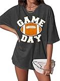 PECHAR Game Day Shirts Women Oversize Football Mom Shirt Vintage Gameday Outfits Football Graphic Short Sleeve Tee Top Grey