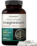 NatureBell Triple Complex Magnesium Supplement, 240 Capsules | Magnesium Glycinate 500mg with Citrate & Malate | Chelated & Purified | Bone, Heart, & Muscle Support | Non-GMO