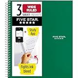 Five Star Spiral Notebook + Study App, 3 Subject, Wide Ruled Paper, 150 Sheets, 10-1/2" x 8" Sheet Size, Forest Green (73176)