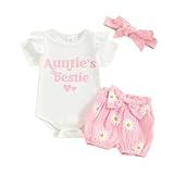 Newborn Girl Summer Clothes Fly Short Sleeve Floral Shorts Headband Set Daddys Girl/Aunties Besite Baby Clothes (A Pink, 6-9 Months)