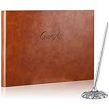 Leather Guest Book and Pen Stand Set, 10.5" x 8" Embossed Guests Sign in Book Registry Book for Funeral, Wedding Reception, Vacation Homes and Events, 80 Sheets (Brown)