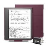 Kindle Scribe Everything Bundle including Kindle Scribe (16 GB), Basic Pen, Leather Folio Cover with Magnetic Attach - Burgundy, Power Adapter, and Pen Replacement Tips