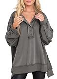 AlvaQ Womens Oversized Sweatshirt Button V Neck Outfit Casual Loose Hoodies Fashion Fall Winter 2024 Clothes Pullover Tunic Henley Tops Medium Grey X-Large