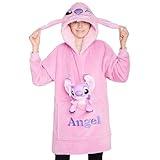 Disney Stitch Fleece Hoodie Blanket with Plush Toy for Teenagers Eeyore Angel Minnie Mouse Kids Oversized Hoodie (Pink Angel)