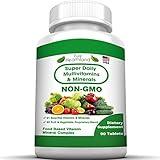 NON GMO Super Daily Multivitamin Supplement Tablets Best For Adult Men Women Seniors With 42 Natural Fruits Vegetables Blend, 21 Essential Vitamins Minerals. 90 Tablets. Vegan Coating Made in USA