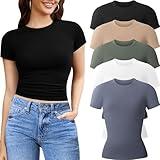 CE' CERDR 5 Pack Womens T Shirts Crew Neck Short Sleeve Shirts for Women Casual Basic Fitted Stretchy Tee Tops 5A-M