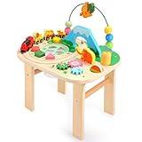 Activity Table for 1+ Year Old, 9 in 1 Wooden Montessori Toys with Bead Maze Shape Sorter Flip Mirror Train Toy, Baby Sensory Play Table Toddler Toys 1st Birthday Gifts for Girls Boys Kids