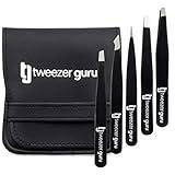 Tweezers Set 5-piece - Tweezer Guru Stainless Steel Slant Tip and Pointed Eyebrow Tweezer Set - Great Precision for Facial Hair, Ingrown Hair, Splinter and Blackhead Remover (Black) (5-Pack)