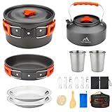 THTYBROS 17pcs Camping Cookware Kit, 0.45Gal Pot, 7inches Pan,0.30Gal Kettle Set with 2 Set Stainless Steel Cups Plates Forks Knives Spoons for Hiking,Camping,Backpacking,Outdoor Cooking and Picnic