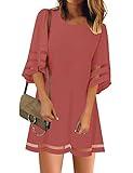 LookbookStore Women Casual Summer Crewneck Mesh Panel Lace Patchwork 3/4 Bell Crop Sleeve Loose A-line Tunic Dress Cranberry Size X-Large