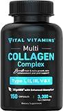 Vital Vitamins Collagen for Women & Men - Type I, II, III, V, X Multi Collagen Pills - Grass Fed, Non-GMO - 150 Capsules