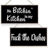 Jetec 2 Pieces Funny Kitchen Signs the Dishes Hanging Wall Art Sign No Bitchin in My Kitchen Rustic Wooden Wall Signs Decorative Wood Sign Home Kitchen Decor, 10 x 5 Inch (Stylish)