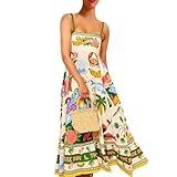 Generic Women Cute Print Maxi Cami Dress Loose Sleeveless Spaghetti Strap Boho Dress Flowy Graffiti Long Aline Sun Dress Satin Pink Dress Mini Womens Wedding Guest Dress Summer（White,Medium）