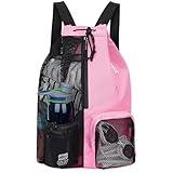 WANDF Swim Bag Mesh Drawstring Backpack with Wet Pocket Beach Backpack for Swimming, Gym, and Workout Gear (Pink)