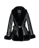 GRAN ORIENTE Faux Leather Jacket for Women with Faux Fur Collar Long Sleeve Fuzzy Parka Overcoat with Warm Trimmed Winter Peplum Coat Belted (GK007 Black L)