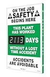 Accuform SCK113 Aluminum Digi-Day Electronic Safety Scoreboard, ON The Job Safety Begins HERE - Days Without A Lost TIME Accident - Accidents are AVOIDABLE"