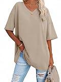 ATHMILE Plus Size T Shirts for Women V Neck Tees Half Sleeve Cozy Comfy Tunic 2024 Y2K Casual Khaki