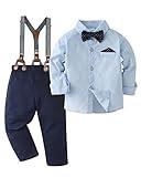 DISAUR Boys Wedding Guest Outfit Blue Dark Long Sleeve Dress Shirt Bow Tie Suspender Pants Back To School Gentleman Clothing 5t 5-6 Years